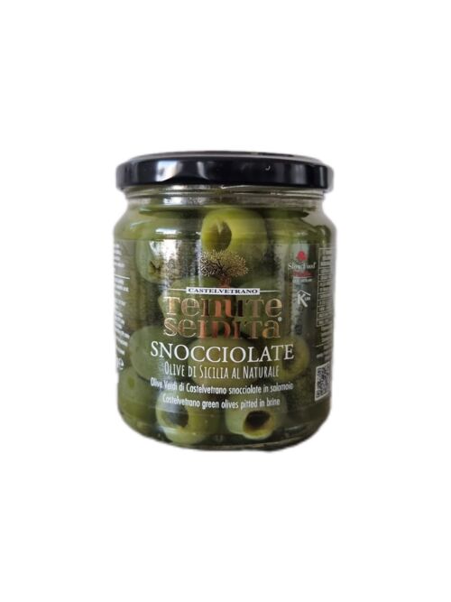 Pitted olives in glass jar