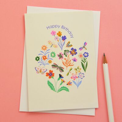 Happy Birthday Butterflies & Flowers Greetings Card
