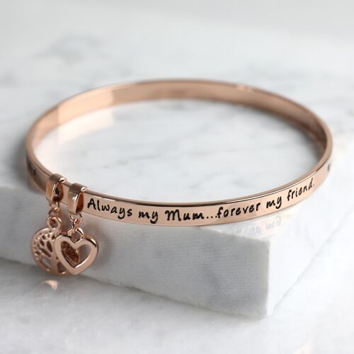 New 'Always My Mum Forever My Friend' Meaningful Word Bangle Rose Gold