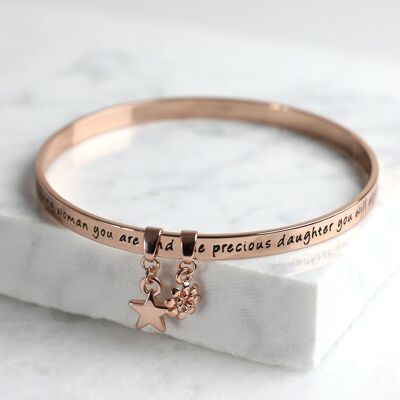 Nuovo braccialetto con parole significative "Precious Daughter" in oro rosa