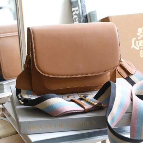 Flapover Tan Leather Bag with Striped Webbing Strap pink/blue/cream/black