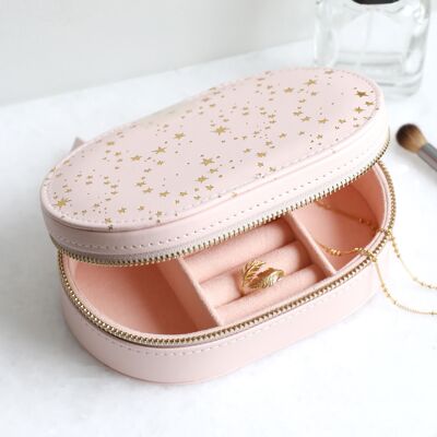 Pink with Gold Stars Oval Travel Jewellery Case
