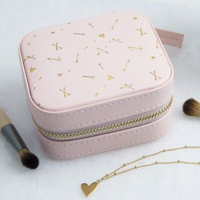 Pink with Gold Arrows Small Square Travel Jewellery Case