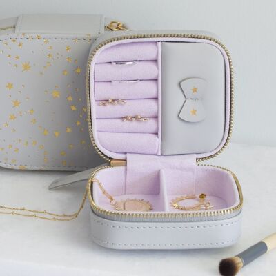 Grey with Gold Stars &amp; Lilac Small Square Travel Jewellery Case