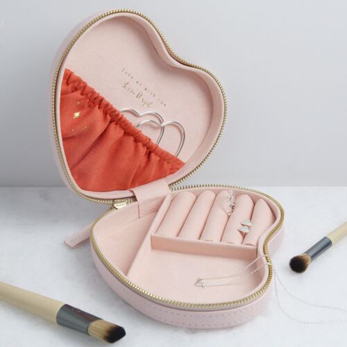 Pink with Gold Arrows Heart Shape Travel Jewellery Case