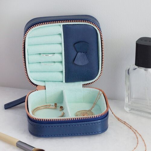 Navy &amp; Mint Small Square Travel Jewellery Case