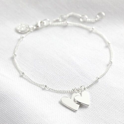 Falling Double Hearts on Satellite chain bracelet in silver plate