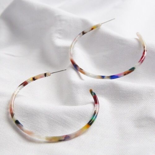 Large Tortoiseshell Resin Hoop Earrings in Rainbow