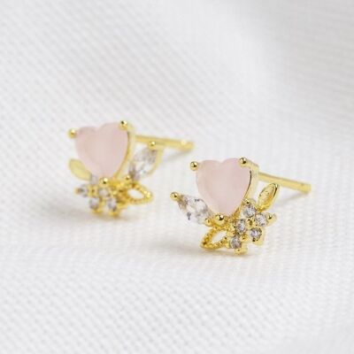Pink Crystal Heart Stud Earrings in Gold