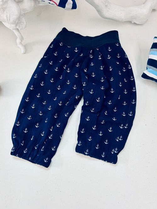 Musselinhose Janni für Babys und Kinder in dunkelblau mit Anker-Motiv, Kinderhose, Sommerhose für Kinder