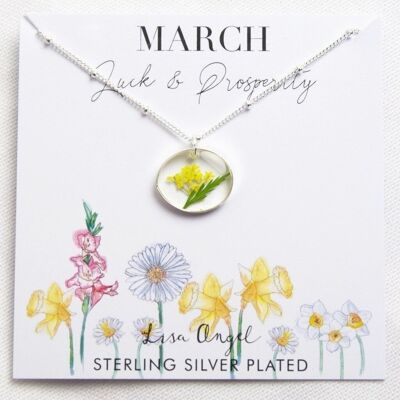 Collar con colgante de flor de nacimiento prensada real en plata - marzo