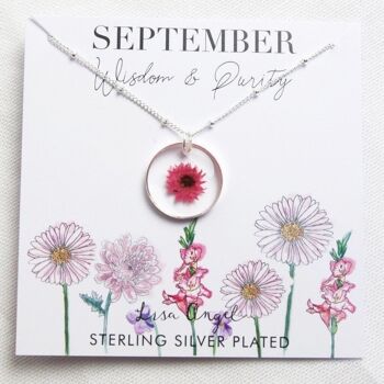 Collier avec pendentif fleur de naissance véritable pressée en argent - septembre