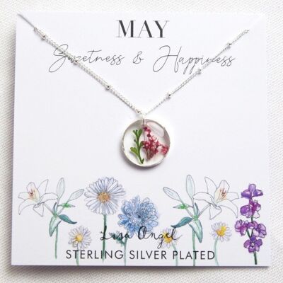 Collar con colgante de flor de nacimiento prensada real en plata - Mayo