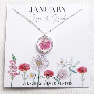 Collar con colgante de flor de nacimiento prensada real en plata - enero