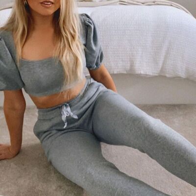 GREY PUFF SLEEVE CROPPED TOP AND JOGGER LOUNGE SET-TS2447