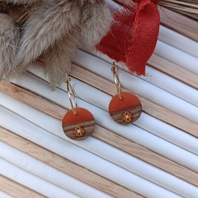 Pendientes de aro CREOLINE de acero inoxidable con resina redonda y tejido de cuentas Miyuki - terracota