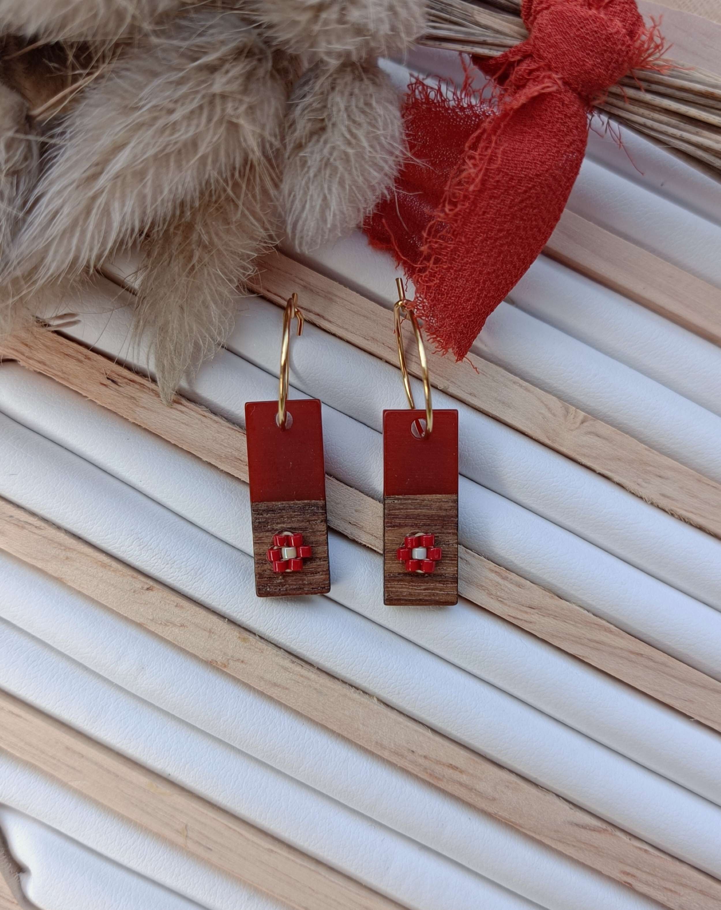 Orecchini a cerchio CREOLINE in acciaio inossidabile con resina rettangolare e intreccio di perline Miyuki - Terracotta