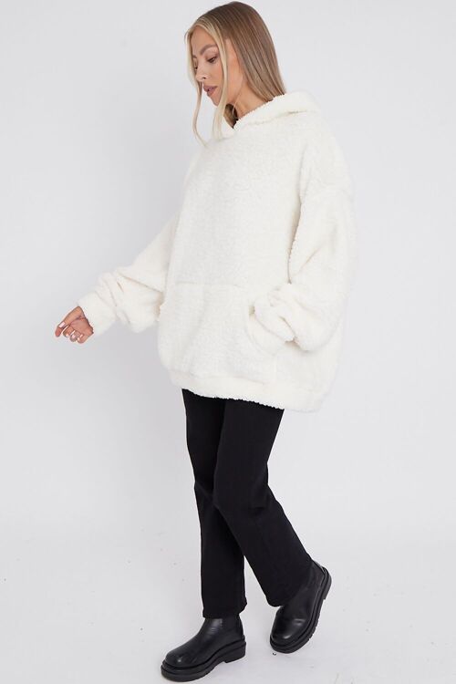 CREAM FLUFFY FRONT POCKET OVERSIZED TEDDY HOODIE- KTR-3