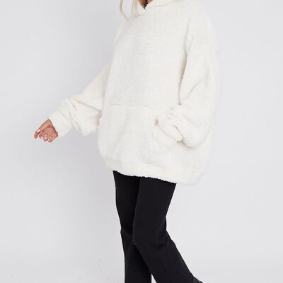 CREAM FLUFFY FRONT POCKET OVERSIZED TEDDY HOODIE- KTR-3