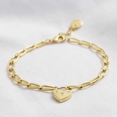 Gold Figaro chain bracelet with heart lock
