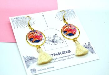 Boucles d'Oreilles Pendantes en Résine - Motif Fleurs Aquarelle Rose et Bleu 5