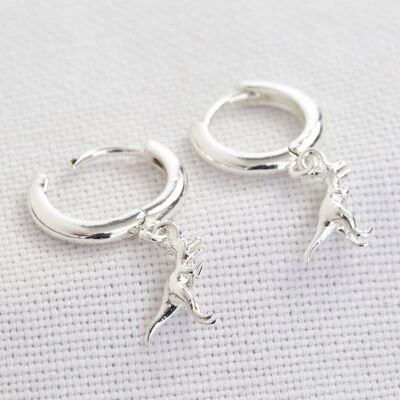 T-Rex Dinosaur Huggie Hoop Earrings in Silver