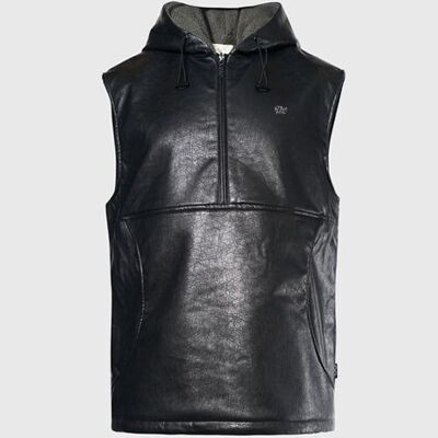 Waxed Faux Leather Sleeveless Hoodie