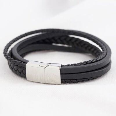 Bracciale da uomo con cinturini in pelle a strati in nero - Medio