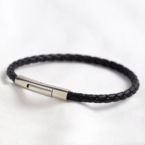 Men's Slim Black Woven Leather Bracelet - Medium