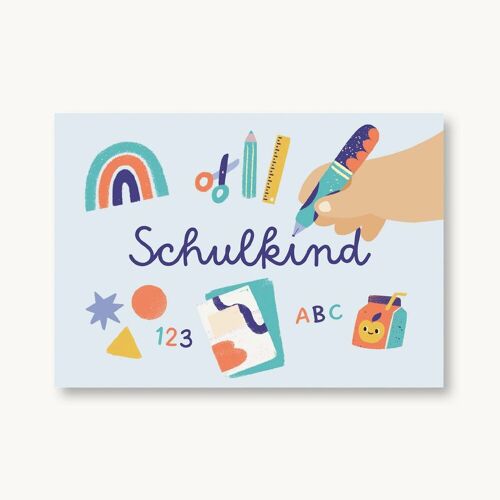 Postkarte zum Schulanfang Schulkind Blau