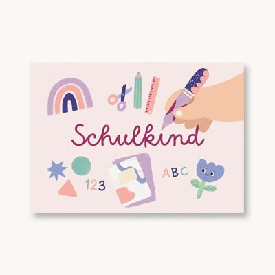 Cartolina per il ritorno a scuola di un bambino rosa