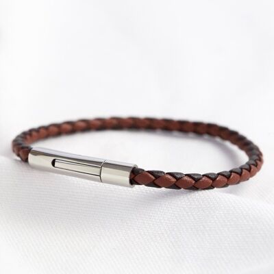 Men's Slim Brown Woven Leather Bracelet - Large