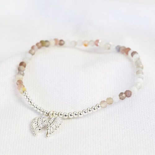 Stone Bead and Wing Charm Bracelet in Silver