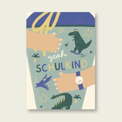 Postcard for the start of school school cone dinosaur