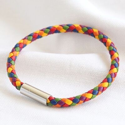 Bracciale sottile in pelle intrecciata arcobaleno - S/M