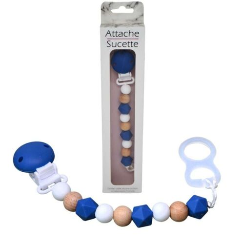 ATTACHE-SUCETTE SILICONE - BOIS & BLEU MARINE *DESTOCK*