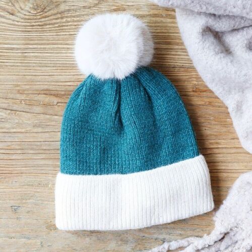 Soft Knit Pom Pom Beanie Hat in Teal