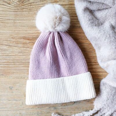 Soft Knit Pom Pom Beanie Hat in Purple