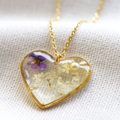 Flower Resin Heart necklace with Pearl in Gold
