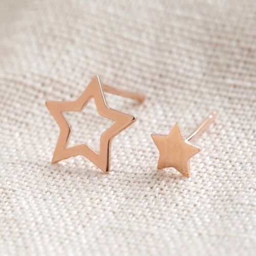Mismatched Star Stud Earrings in Rose Gold