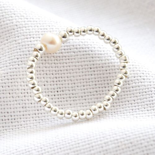Silver Beads and Freshwater Pearl Stretch Ring