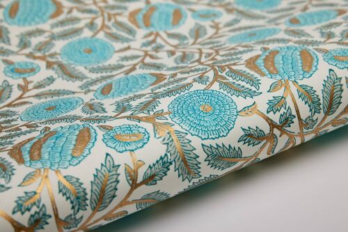 Block Printed Wrapping Paper Sheets- MarigoldGlitz Turquoise