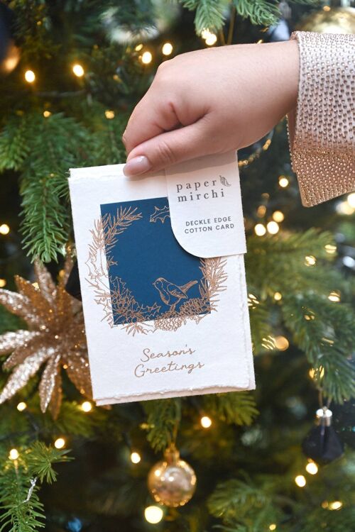 Deckle Edge Cotton Christmas Card - Holly & Pine Navy