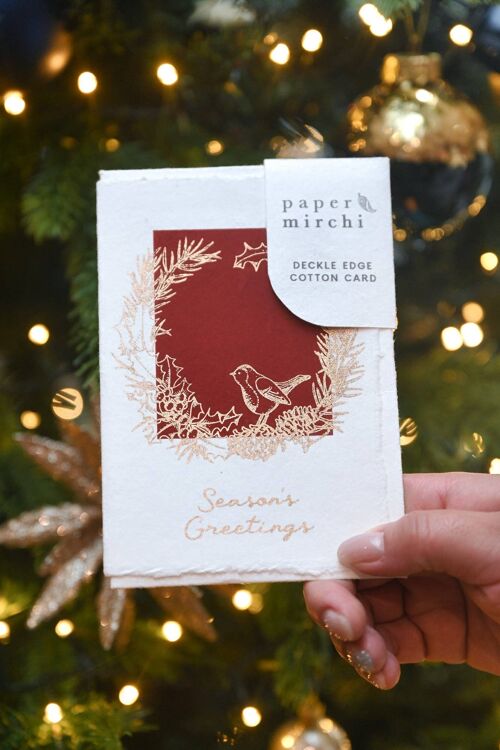 Deckle Edge Cotton Christmas Card - Holly & Pine Scarlet