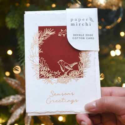 Biglietto di Natale in cotone con bordo Deckle – Agrifoglio e pino scarlatto