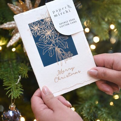 Carte de Noël en coton Deckle Edge - Poinsettia Navy