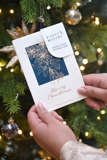 Carte de Noël en coton Deckle Edge - Poinsettia Navy 1