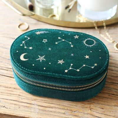 Teal Starry night printed velvet Oval jewellery case