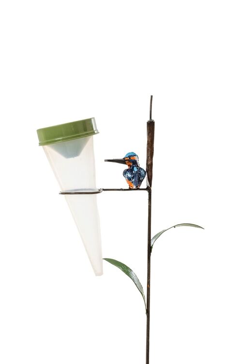 METAL KINGFISHER ON A RAIN GAUGE CATTAIL