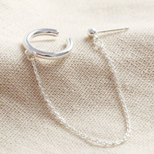 Ear Cuff and Chain Stud Earring in Silver